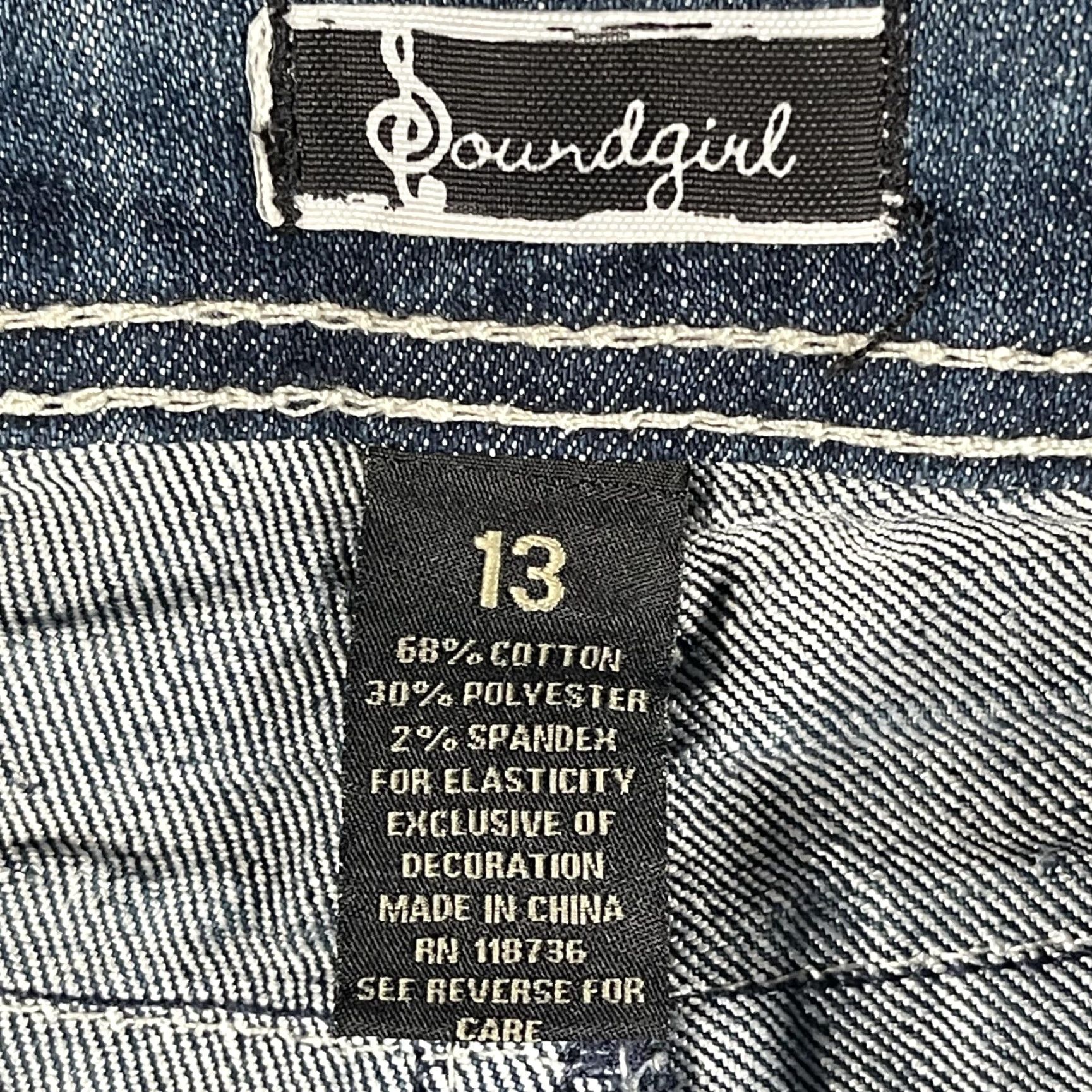 Vintage Soundgirl Jeans Womens 13 Medium Blue Skinny Bootcut Embroidered Rhinestone Embellished Stretch Distressed Pockets Zip Fly Jeans Size 34" / US 12 / IT 48 - 6 Thumbnail
