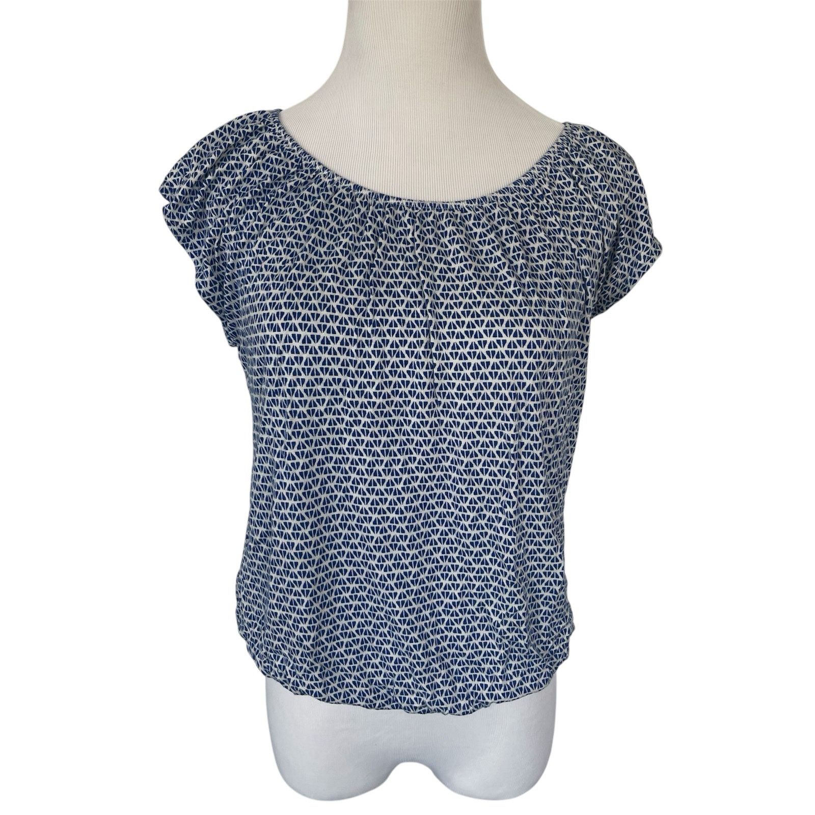 Old Navy Blue White Flutter Sleeve Elastic Waist Short Sleeve Blouse Size XS / US 0-2 / IT 36-38 - 1 Thumbnail