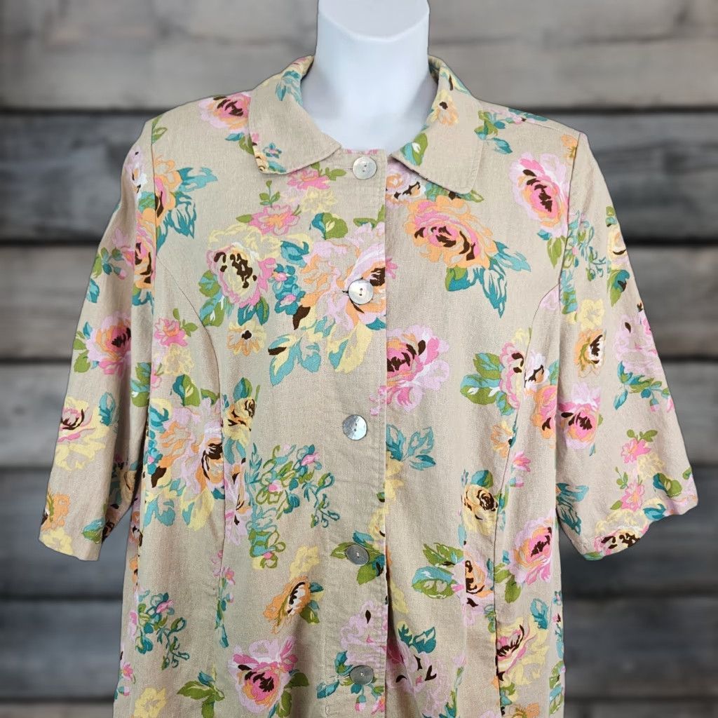 Vintage Woman Within Womens Button Front Top 1X Pink Floral Linen Blend Shirt Womens Size XL / US 12-14 / IT 48-50 - 1 Thumbnail
