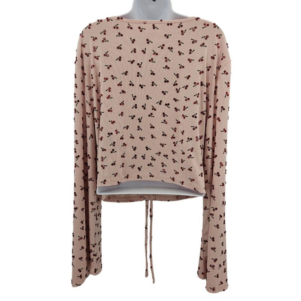 Shein Hand-Rhinestoned Pink Cherry Print Ruched Blouse Size 4XL / US 24-26 - 3 Thumbnail