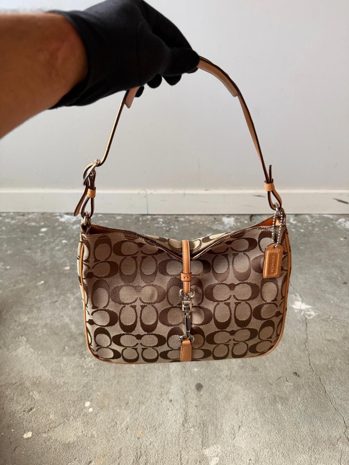 Coach Hobo Signature Clip Canvas Shoulder Bag Tan