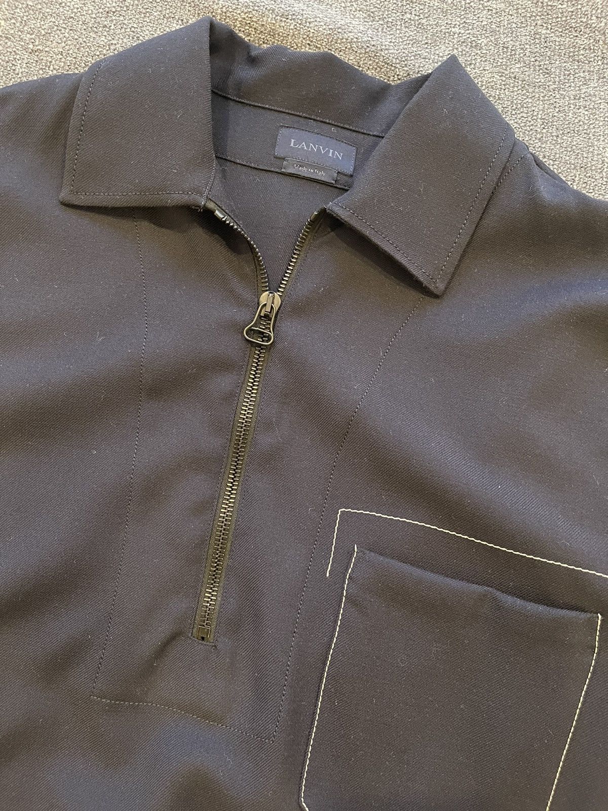 Lanvin Navy Blue Virgin Wool Half Zip Long Sleeve Polo