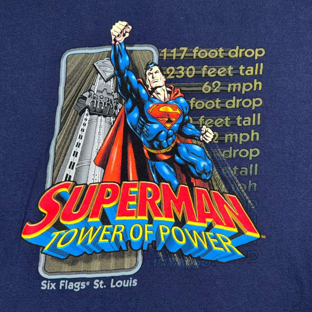Vintage VINTAGE Superman Shirt Six Flags Blue Adult LARGE T-Shirt Regular Short Sleeve Crew Neck Cotton Men 21.5 Chest 27 Length Y2K Size US L / EU 52-54 / 3 - 2 Thumbnail