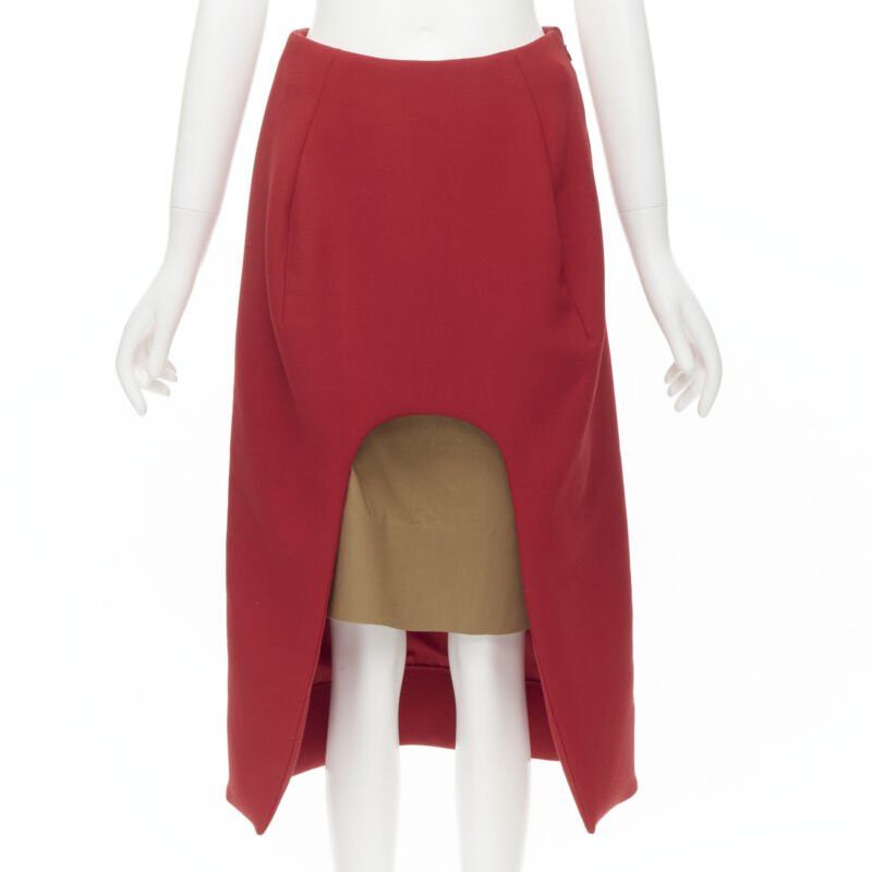 Marni MARNI red wool brown silk lining curved hem midi skirt IT40 S Size 27" / US 4 / IT 40 - 1 Thumbnail