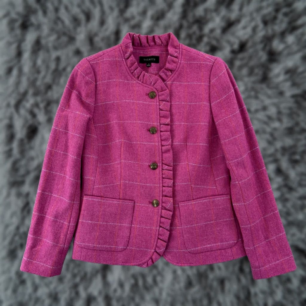 Talbots Talbots Blazer Jacket Women's 4 Pink Wool Blend Check Ruffle Preppy NWT Business Short Sleeve Coat Size S / US 4 / IT 40 - 1 Thumbnail