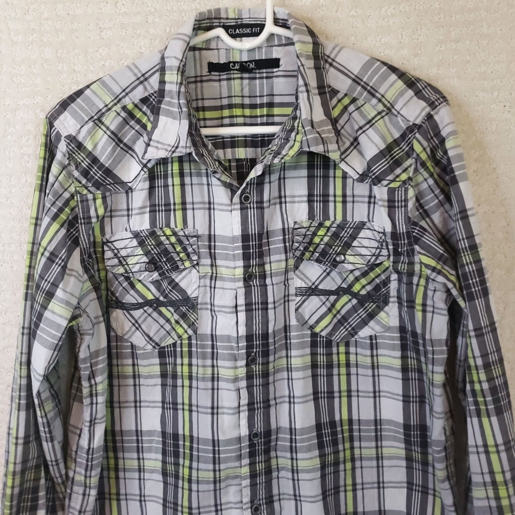 Carbon Carbon Men's M Button-Up Shirt Long Sleeve Plaid Grey Lime Multicolor Classic Fit Size US M / EU 48-50 / 2 - 2 Thumbnail