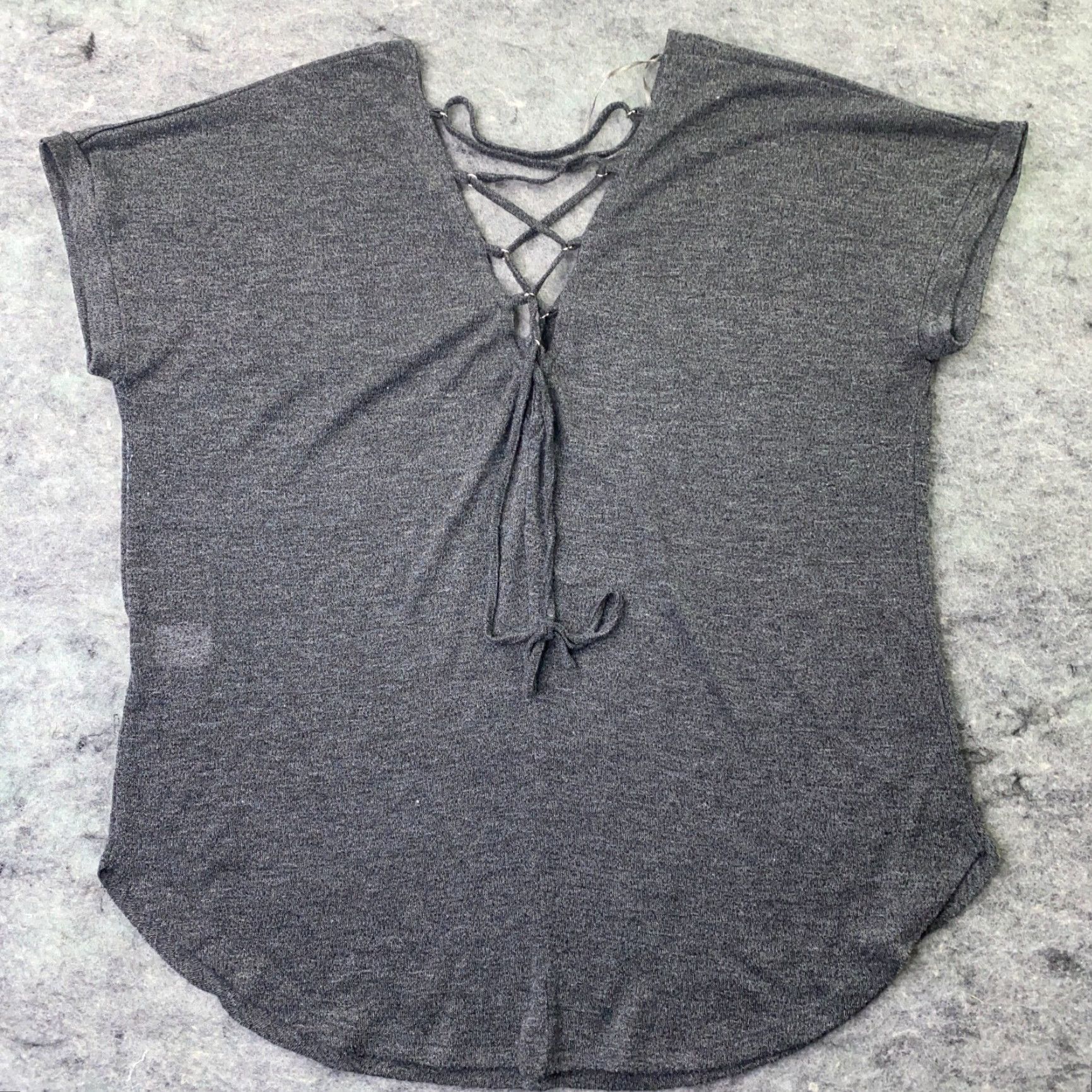 Vintage Andree By Unit Womens Shirt Top L Gray V-Neck Lace-Up Back Cap Sleeve - (No added text) Size L / US 10 / IT 46 - 7 Thumbnail