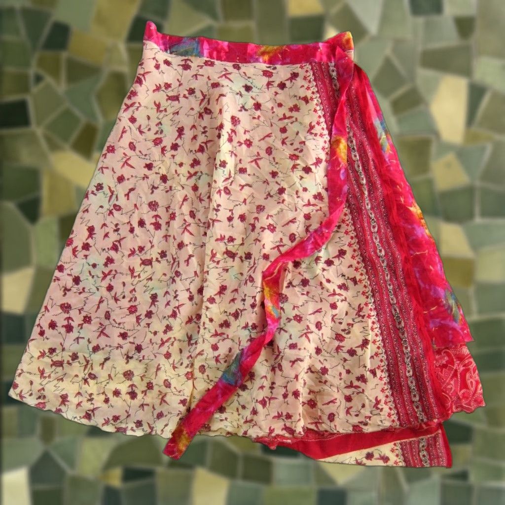 Pinko VINTAGE India Silk Pink Green Yellow Floral Reversible long Maxi Wrap Skirt OS Size 42" / US 20 - 1 Thumbnail