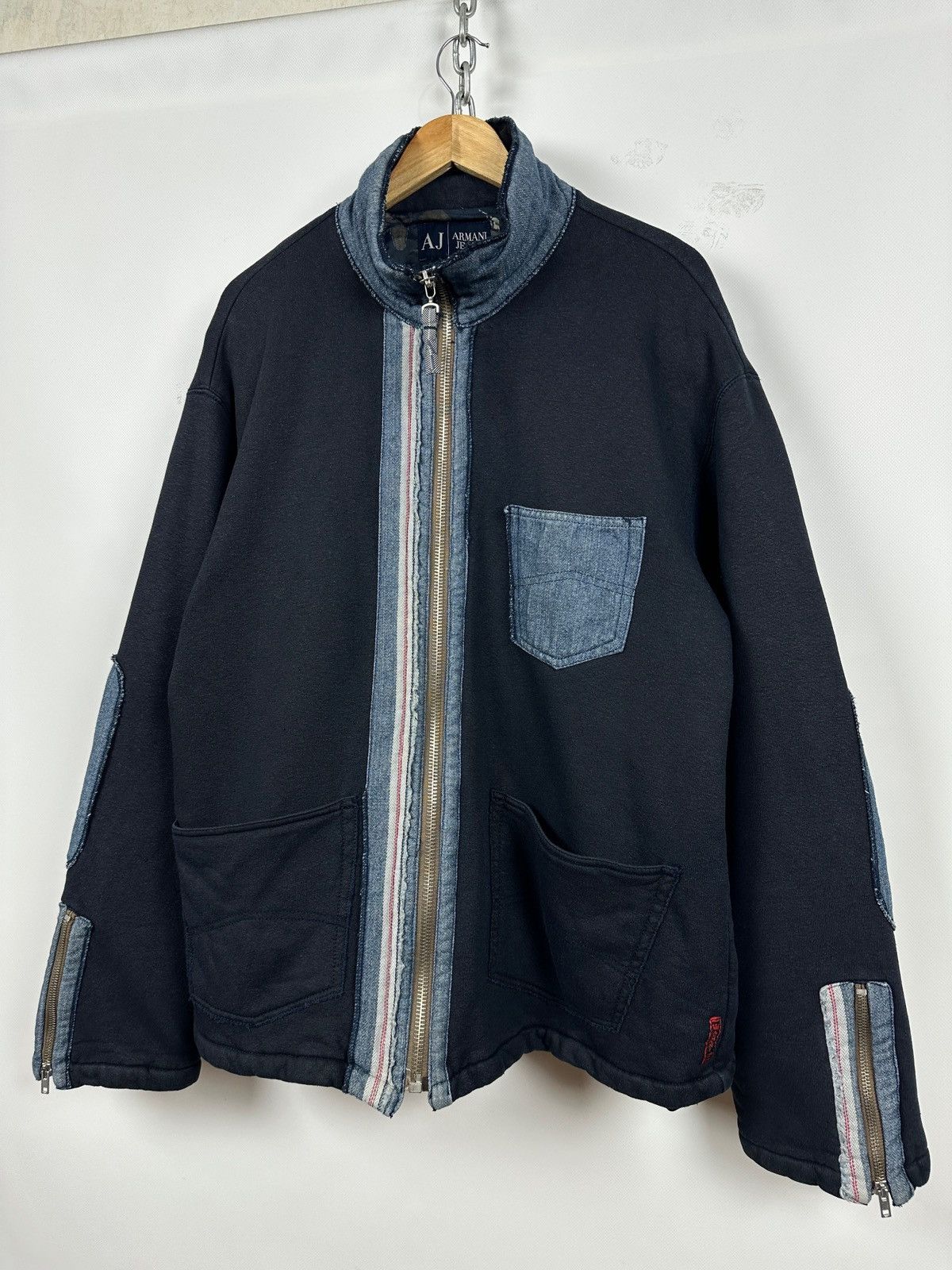 Armani 90s Vintage Armani Jeans Patchwork Hemp/Cotton Navy Jacket Size US XL / EU 56 / 4 - 3 Thumbnail