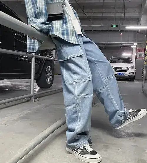 Jean Light Blue Cargo jeans Wide Leg Denim Loose Straight Baggy Size US 34 / EU 50 - 1 Thumbnail