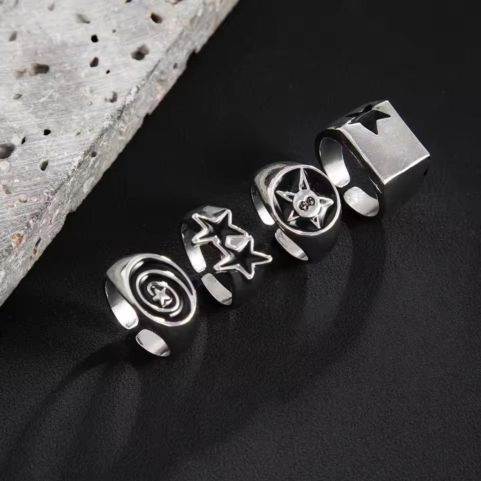 Jewelry 4pcs set Punk Hip Hop Star Geometric Streetwear Rings Size ONE SIZE - 6 Thumbnail