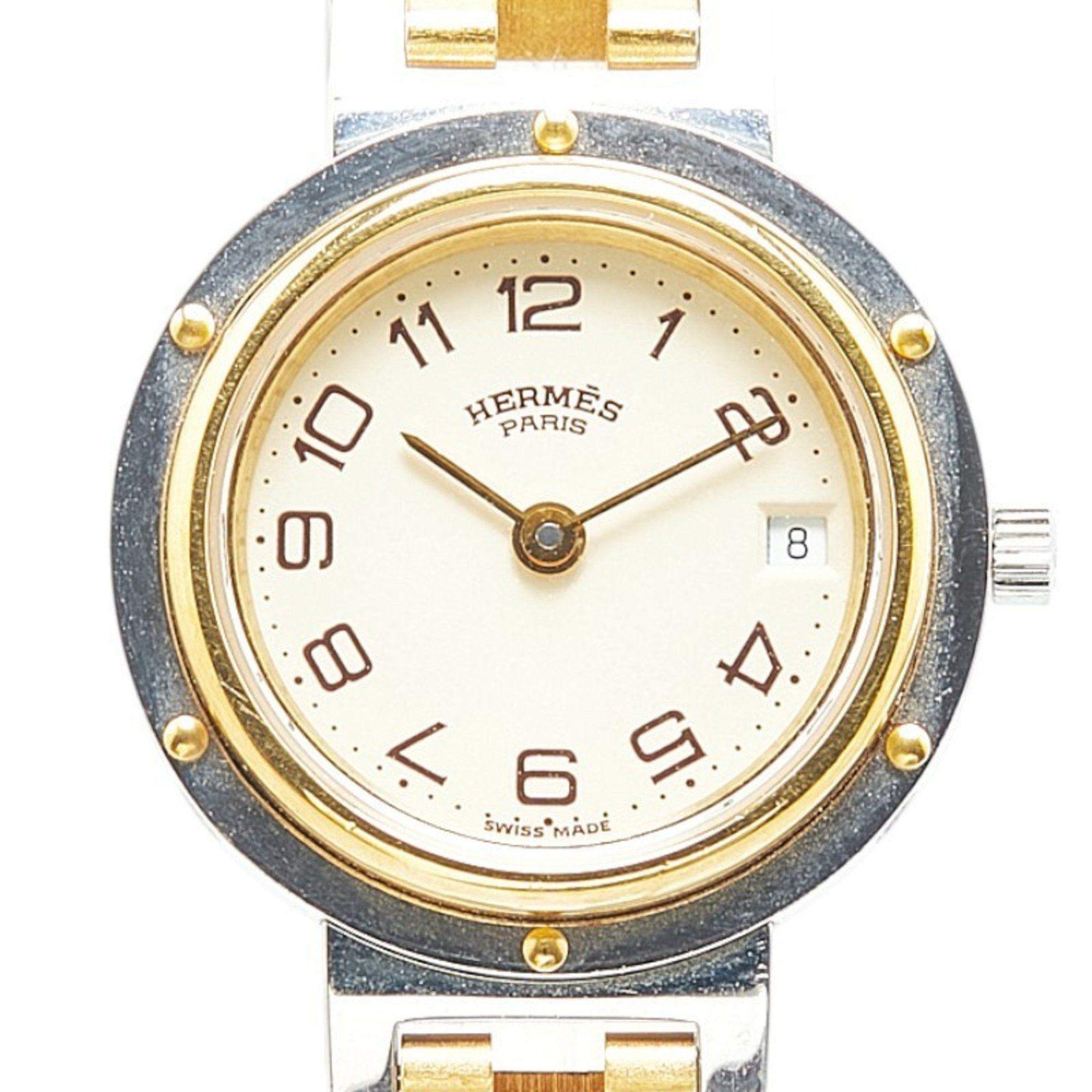 Hermes Clipper Watch Quartz Beige Dial Stainless Steel Plated Women's Hermes