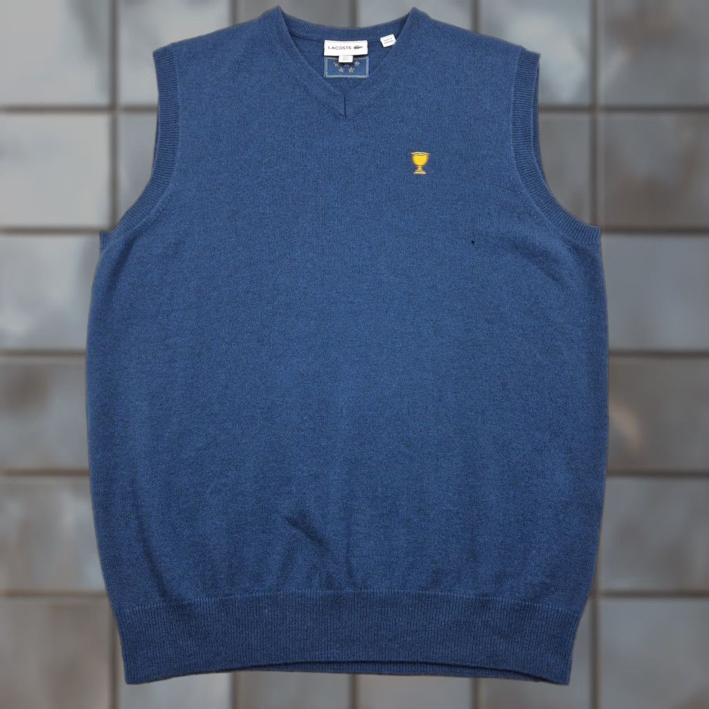 Lacoste Lacoste Mens Large Blue 100% Cashmere V-Neck Sleeveless Trophy Cup Embroidered Vest, Golf/Tennis, Classic Fit, Casual Sportswear Size US L / EU 52-54 / 3 - 1 Thumbnail