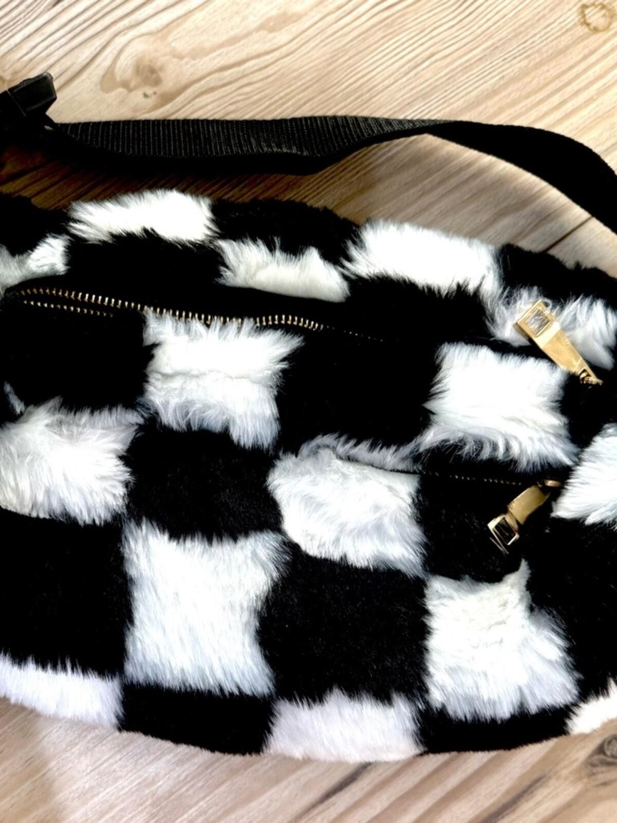 Other Faux Fur Checkerboard Crossbody Belt Bag - Black & White Size ONE SIZE - 3 Thumbnail