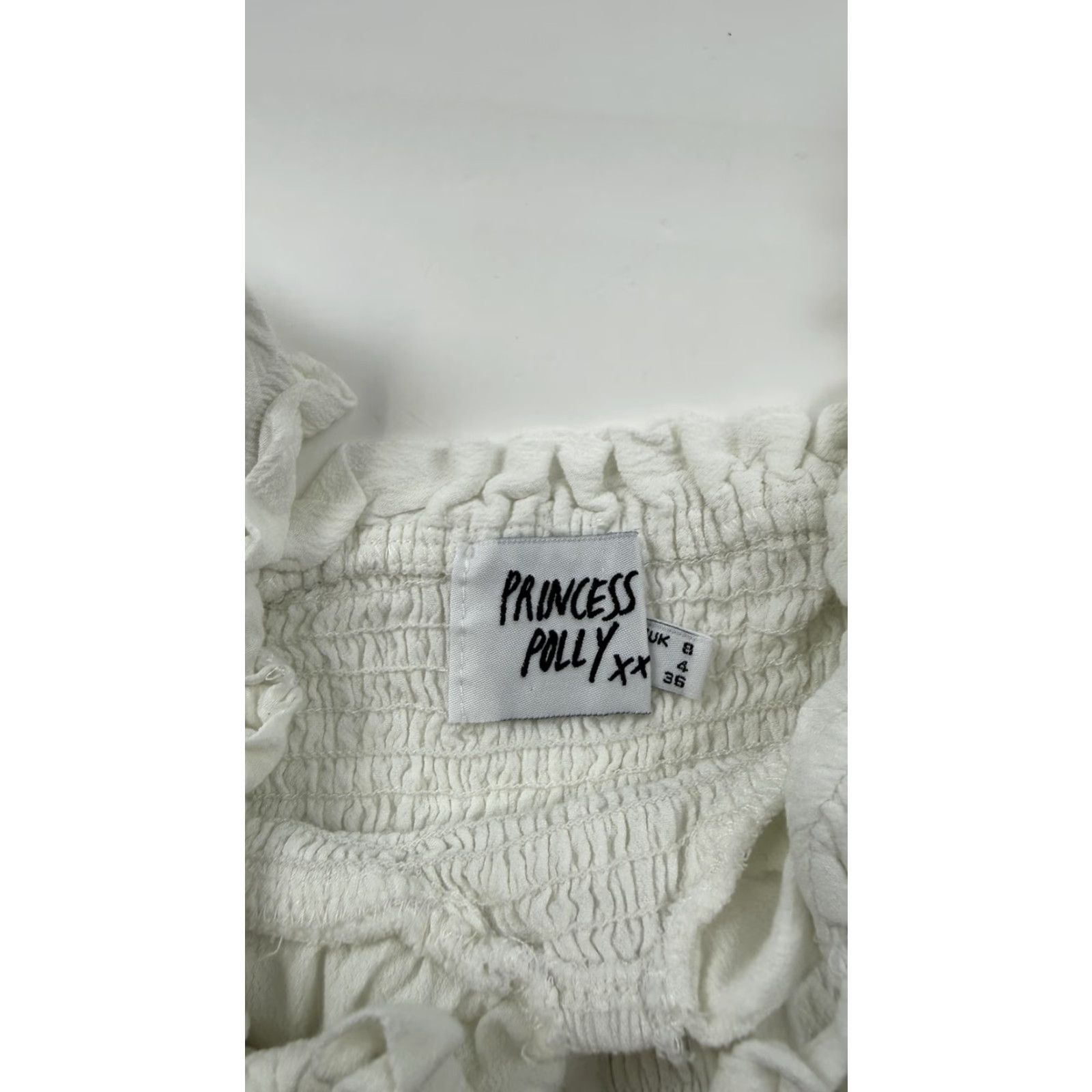 PRINCESS POLLY Princess Polly Bodysuit Womens US 4 White Smocked Off Shoulder Ruffle Tie Front Size S / US 4 / IT 40 - 2 Thumbnail