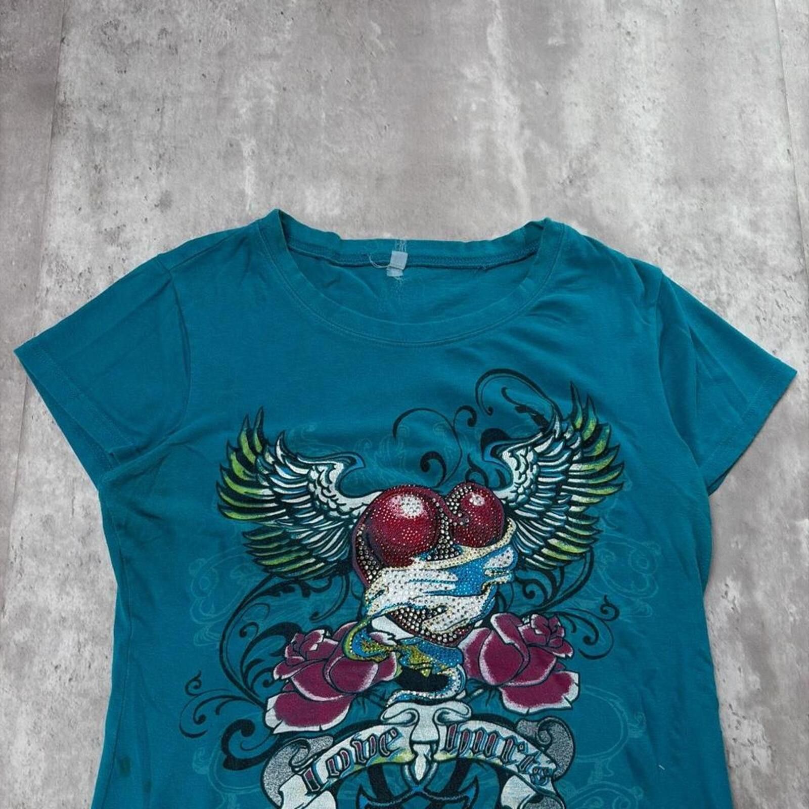 Other Y2K Teal Love Hurts Grunge Gothic Embellished T-Shirt Size M / US 6-8 / IT 42-44 - 3 Thumbnail