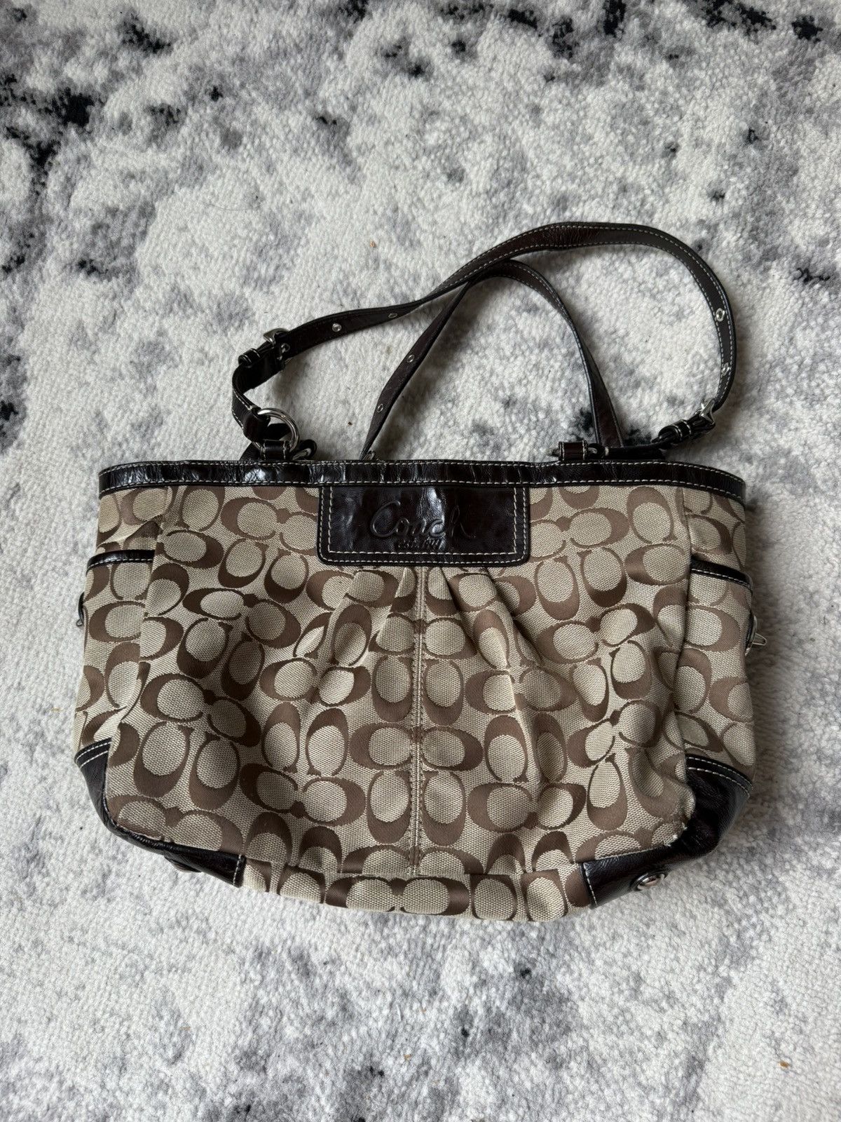 Y2K Coach Monogram Canvas Leather Shoulder Bag in Beige, Women's