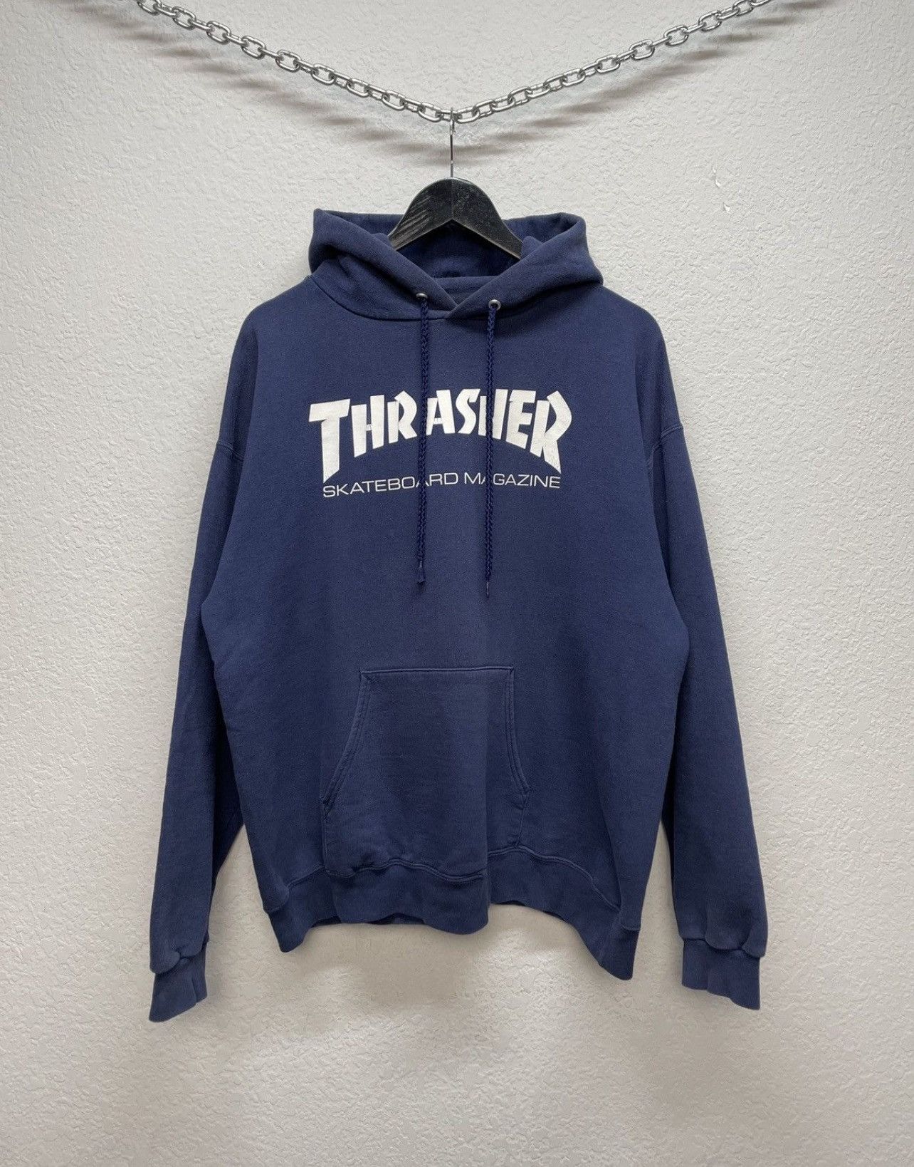 Vintage Thrasher Navy Boxy Hoodie Skateboard Magazine Logo