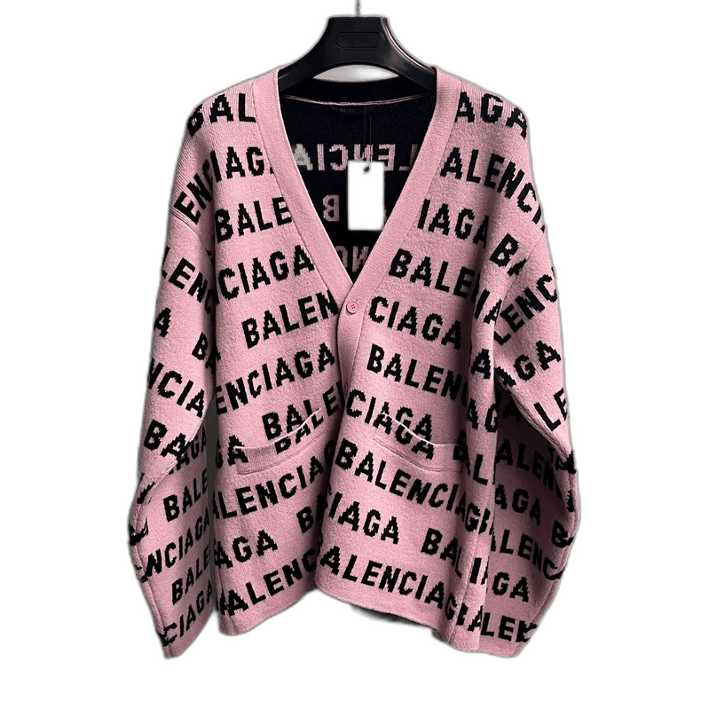 Balenciaga Pink V-neck Letter Print Long Sleeve Knitwear-yf Size US S / EU 44-46 / 1 - 1 Thumbnail