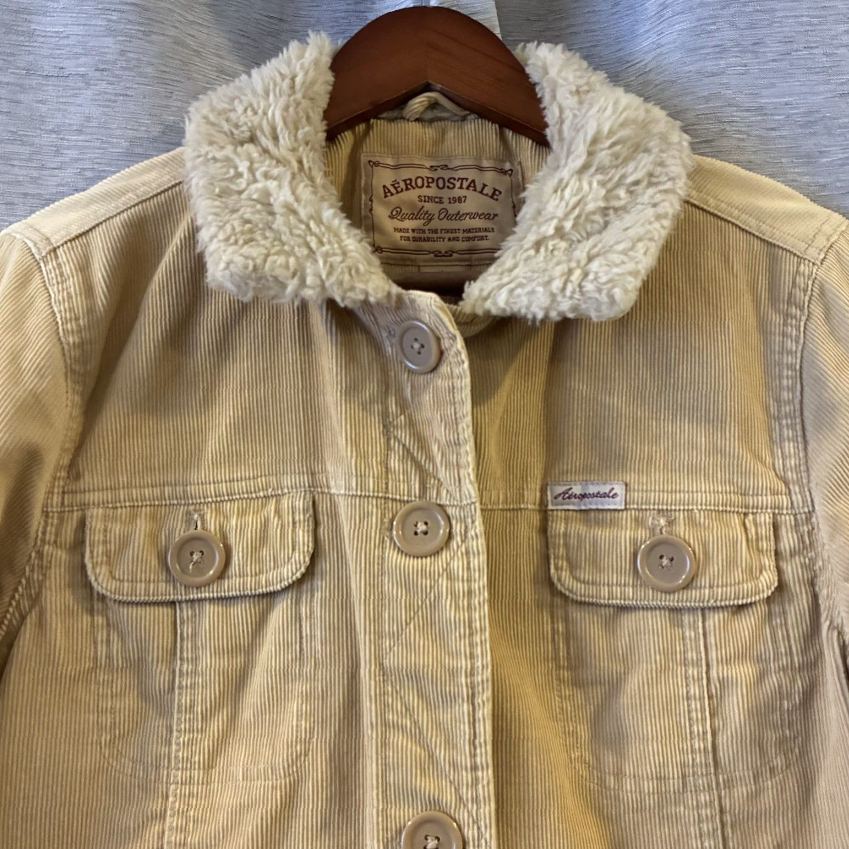 Vintage Aéropostale Beige Full Zip Jacket Women L Fur Trim Heritage Basic Coat mid-length Size L / US 10 / IT 46 - 4 Thumbnail