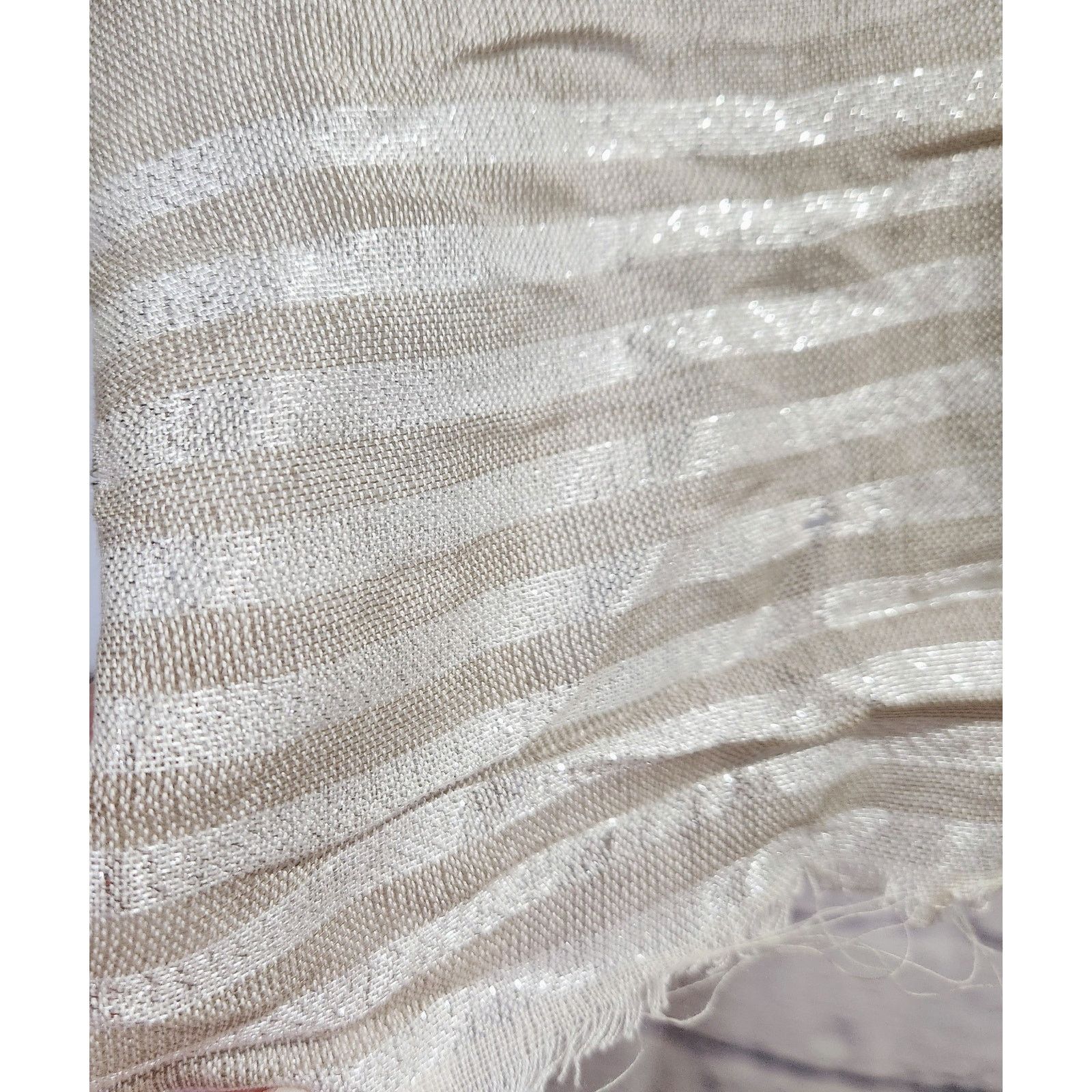 Other Gray Beige White Silver Metallic Thread Stripes Scarf Frayed Size ONE SIZE - 2 Thumbnail