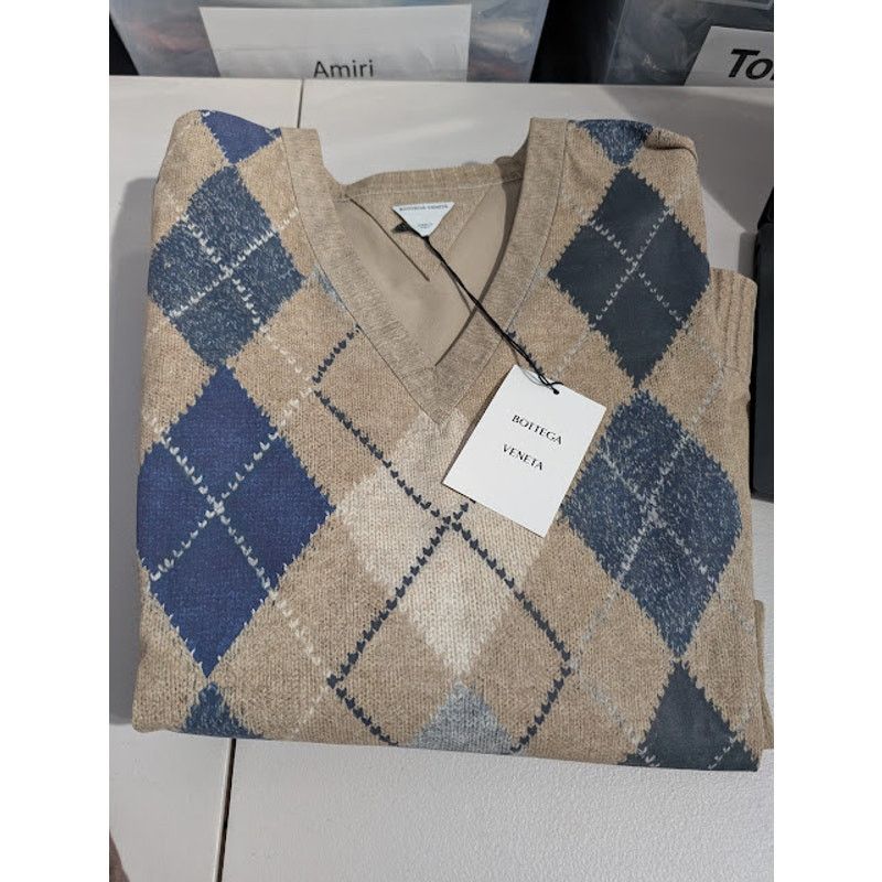 Bottega Veneta o1rshd1 Argyle Printed Leather Sweater in Camel/Grey/Blue Size US L / EU 52-54 / 3 - 16 Thumbnail