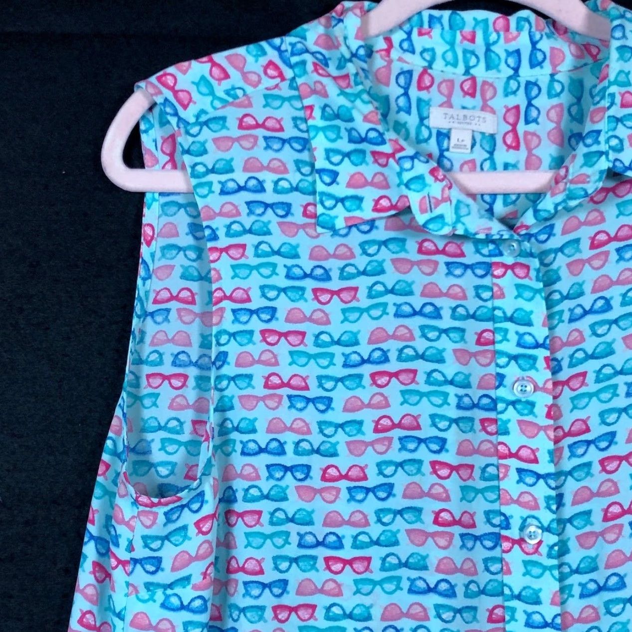 Talbots Talbots Womens Blouse Blue Multi Eye Glasses Pattern Sleeveless Button Down LP Blouse Ladies Medium Short Sleeve? Size L / US 10 / IT 46 - 4 Thumbnail