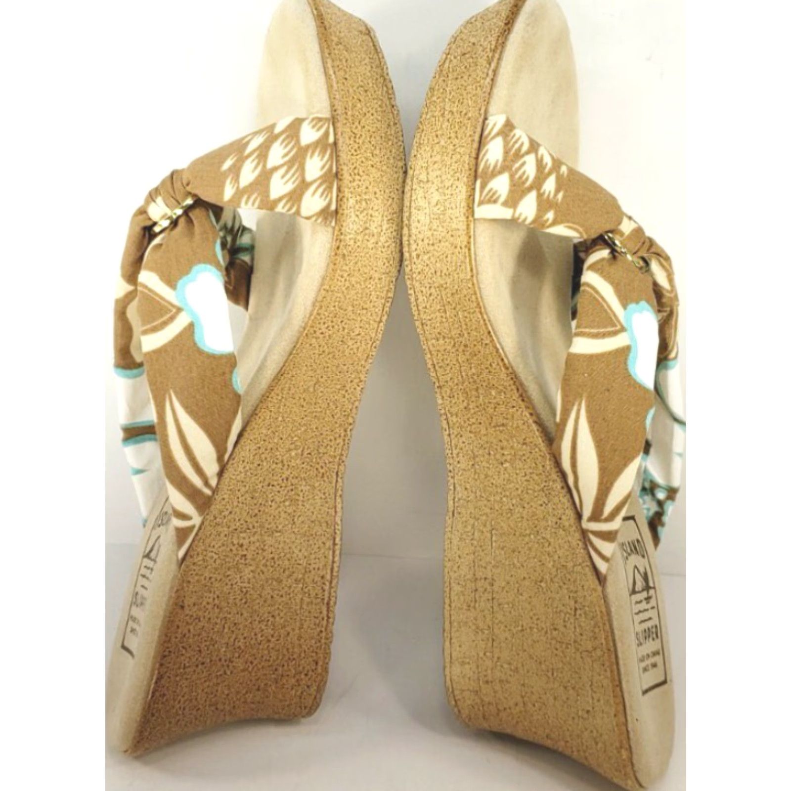 Vintage Island Slipper Sandal Women's 10M Brown Blue White Tropical Floral Patterned Fabric Straps Slide Wedge Sandal Size US 10 / IT 40 - 7 Thumbnail