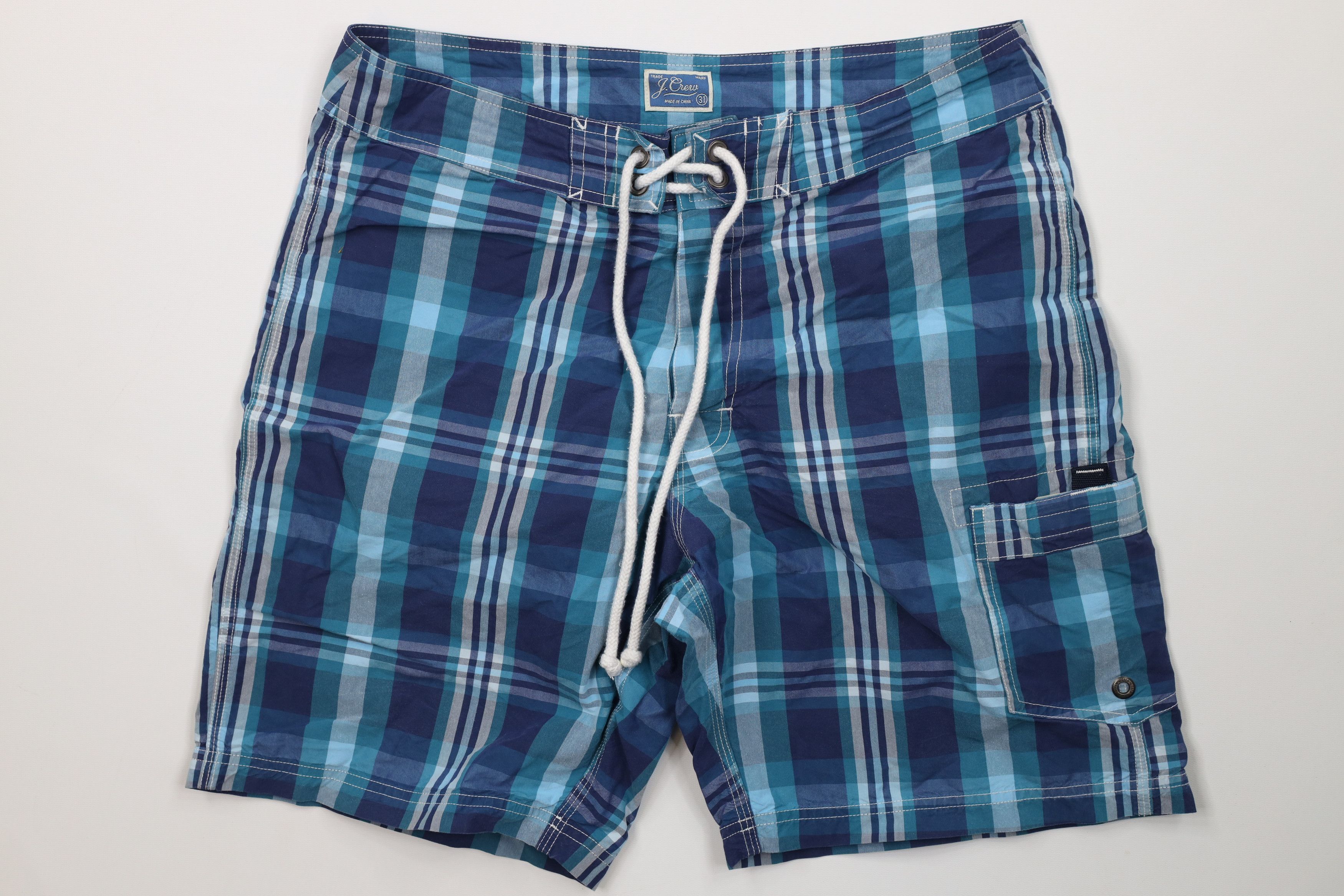J.Crew J Crew Swimming Board Shorts Swim Trunks Blue Plaid Cotton Size US 31 - 1 Thumbnail