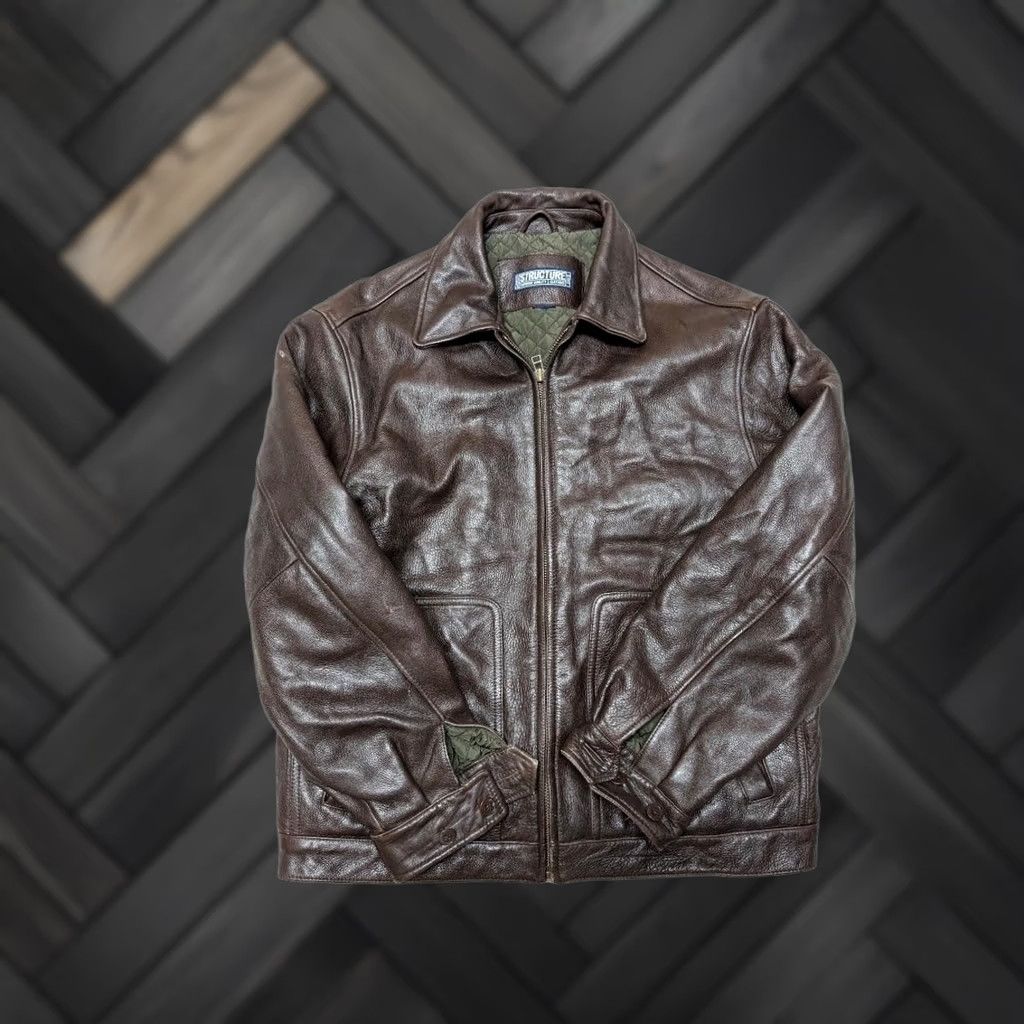 Vintage VINTAGE Structure Bomber Jacket Men's Brown Leather Cowhide L 42-44 Chest 25.5" Arm 28" Length 23.5" Quilted, Lined 1990s Y2K Size US L / EU 52-54 / 3 - 1 Thumbnail
