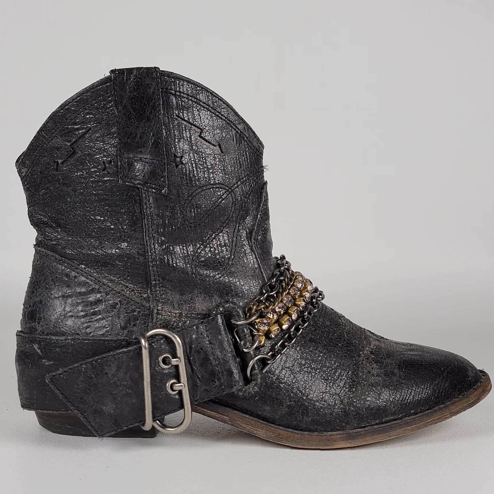 Steve Madden Steve Madden Brasko Women Cowboy Bootie Leather Chains Rhinestones Festival 8.5 Black Leather Bootie Cowboy Womens 8.5 Size ONE SIZE - 3 Thumbnail