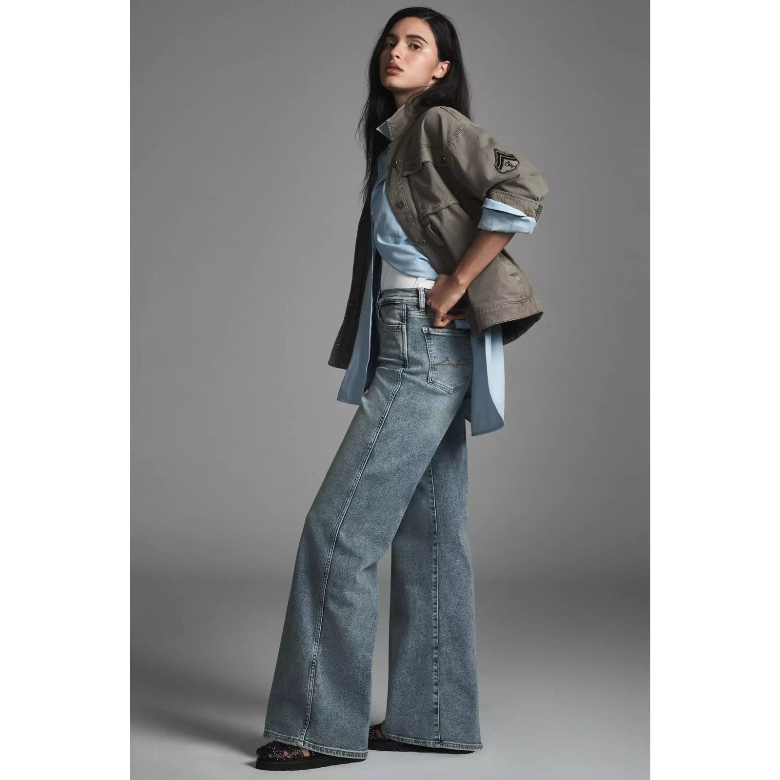 7 For All Mankind × Anthropologie New Lotta Mid-Rise Wide-Leg Denim Jeans Sz 29 Size 29" - 2 Thumbnail