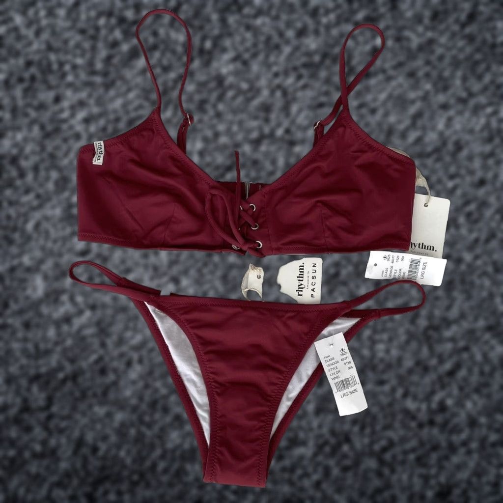 Rhythm Rhythm Newport Bikini Bottoms & Lace-Up Bralette Top Set Wine L 2 Piece Women Bikini Size L / US 10 / IT 46 - 1 Thumbnail