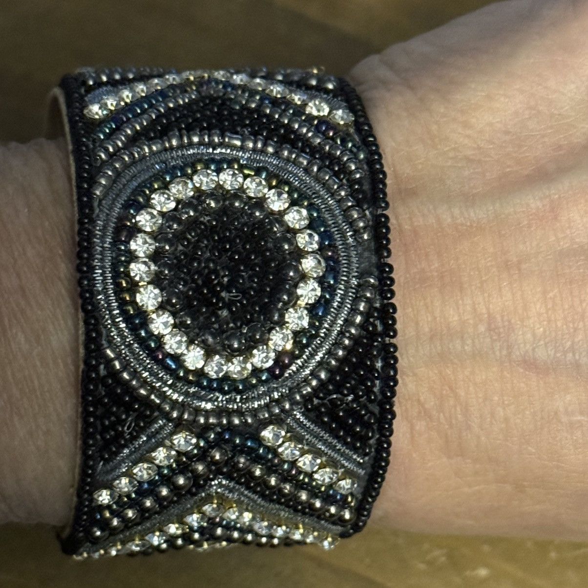 Other Handmade black and gold beaded rhinestone wide cuff bracelet Size ONE SIZE - 2 Thumbnail