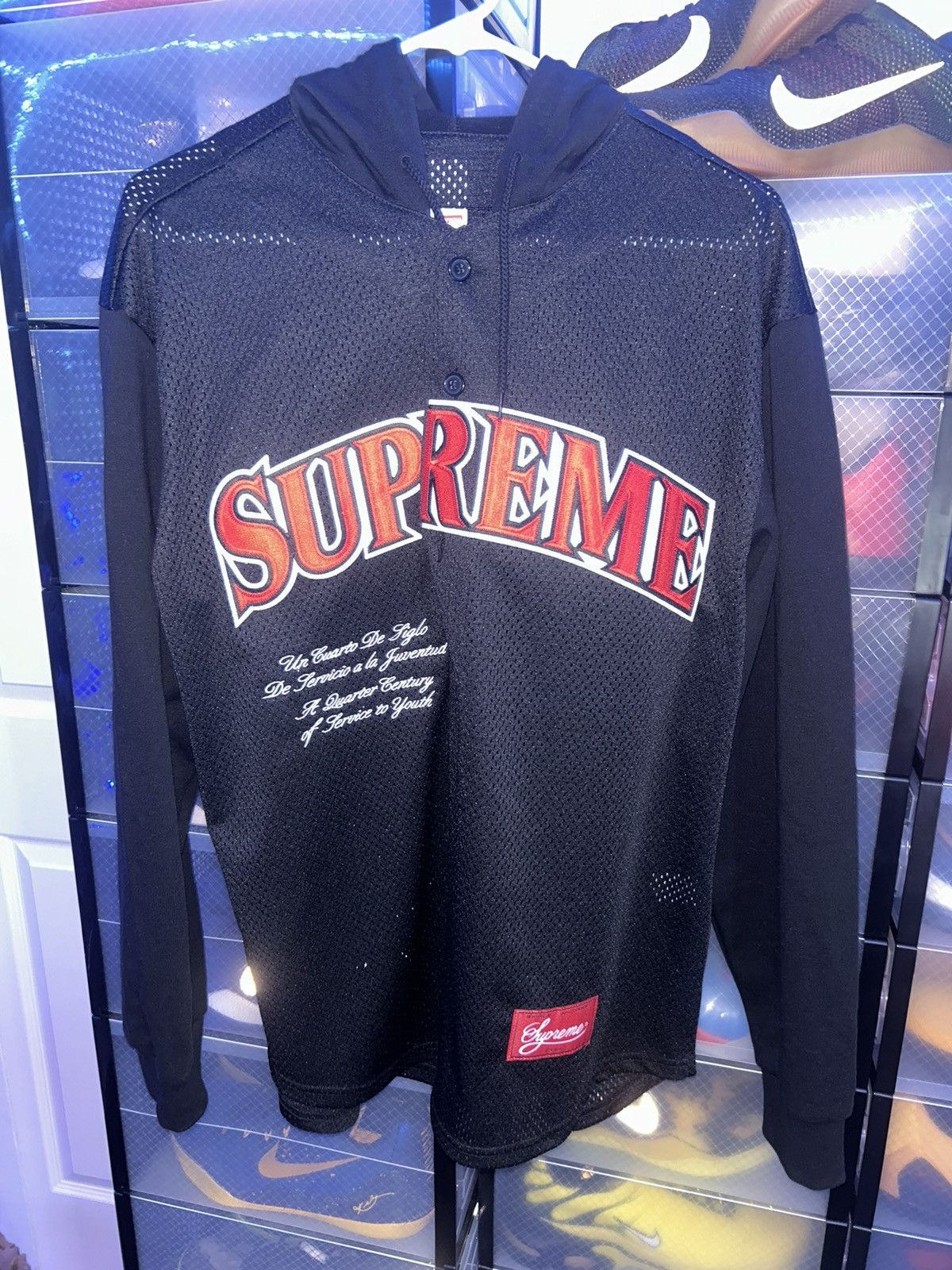image of Supreme Mesh Hooded Long Sleeve Baseball Jersey Medium New in Black, Men's