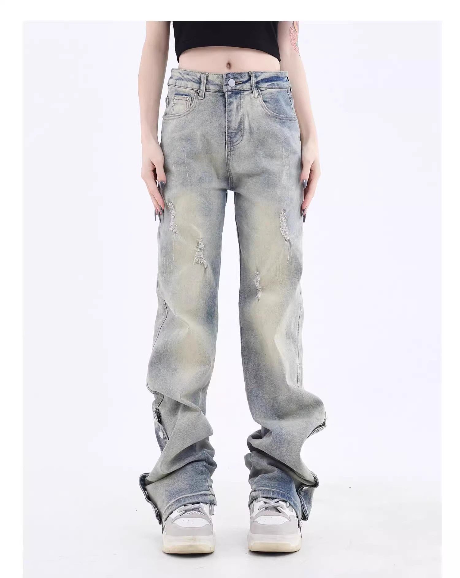 image of Washed Side Zipper Buckle Jeans in Blue, Men's (Size 30)