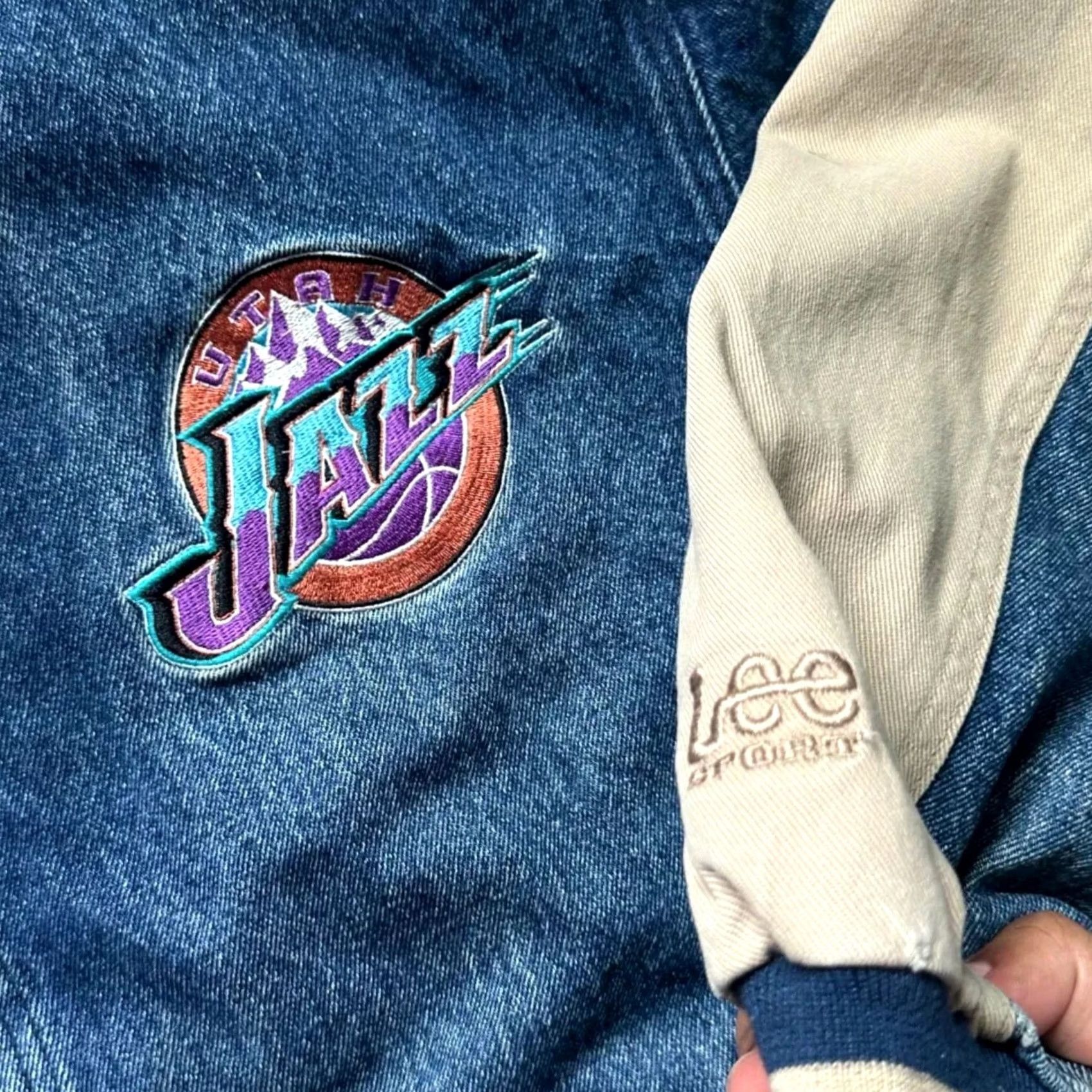 NBA It prioritizes: "Vintage" (key differentiator), "Lee Sport," "NBA Utah Jazz," "Bomber Jacket," "Blue Denim," "Large," "Pre-owned Size US L / EU 52-54 / 3 - 5 Thumbnail