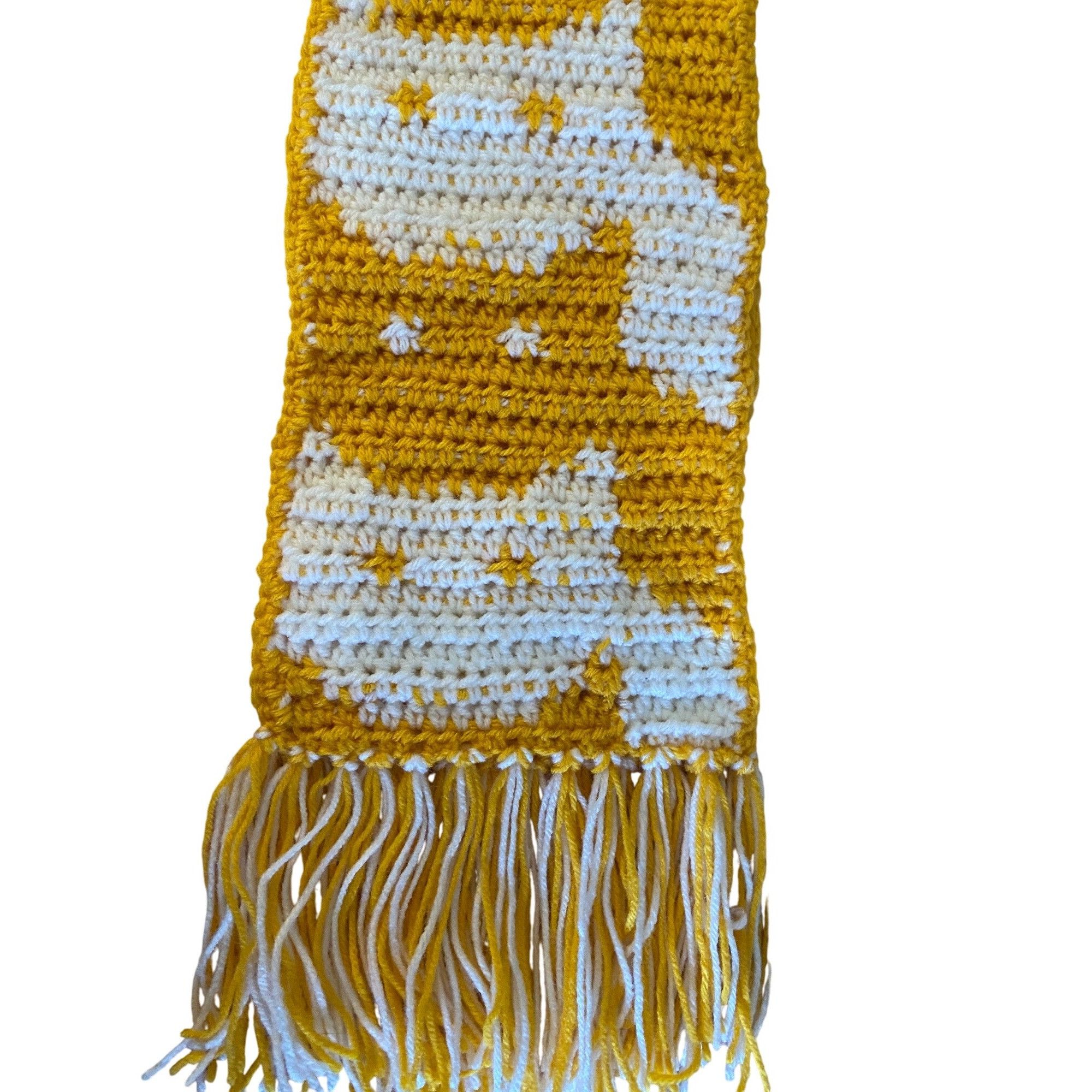 Other Handmade Crochet Winter Scarf Cat Motif Yellow/White W/5” Fr Size ONE SIZE - 2 Thumbnail