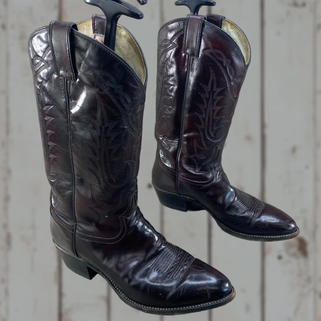 Tony Lama VINTAGE Tony Lama Mens 10.5 Black Cherry Burgundy Leather Cowboy Boots Western Size US 11 / EU 44 - 1 Thumbnail
