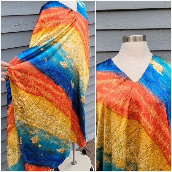Vintage Vintage 80s Sunset Orange Gold Blue Beach Cover Up Shell Kaf Size ONE SIZE - 3 Thumbnail