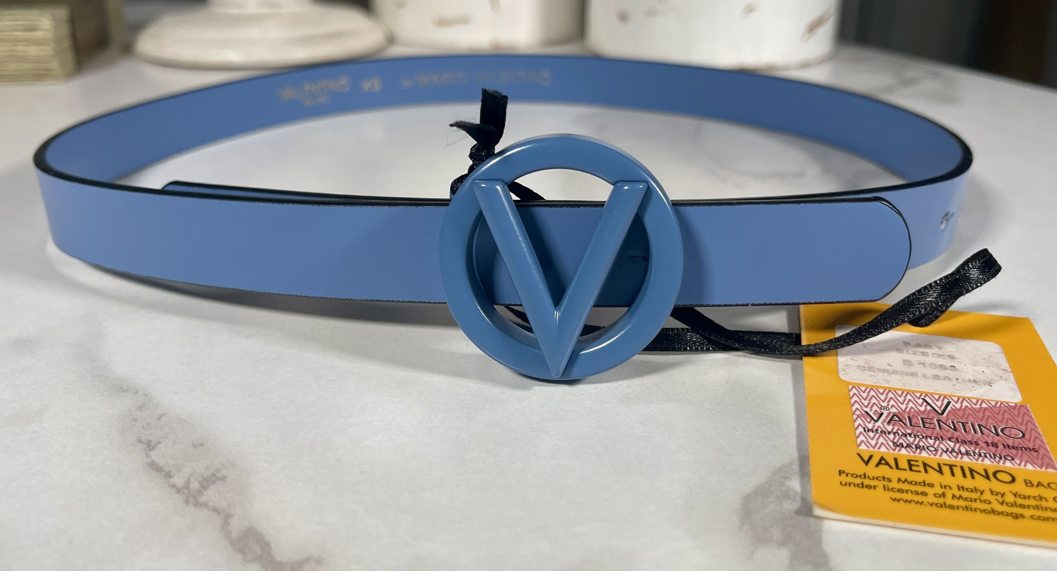 image of Italian Designers x Mario Valentino Nwt- Sky Blue Skinny Leather Belt-Baby B1065- Xs, Women's