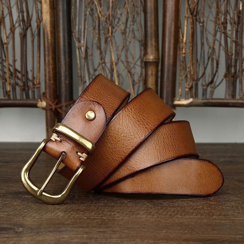 Leather × Vintage Cowhide Genuine Leather High Quality Jean Brass Buckle Belts Size ONE SIZE - 3 Thumbnail