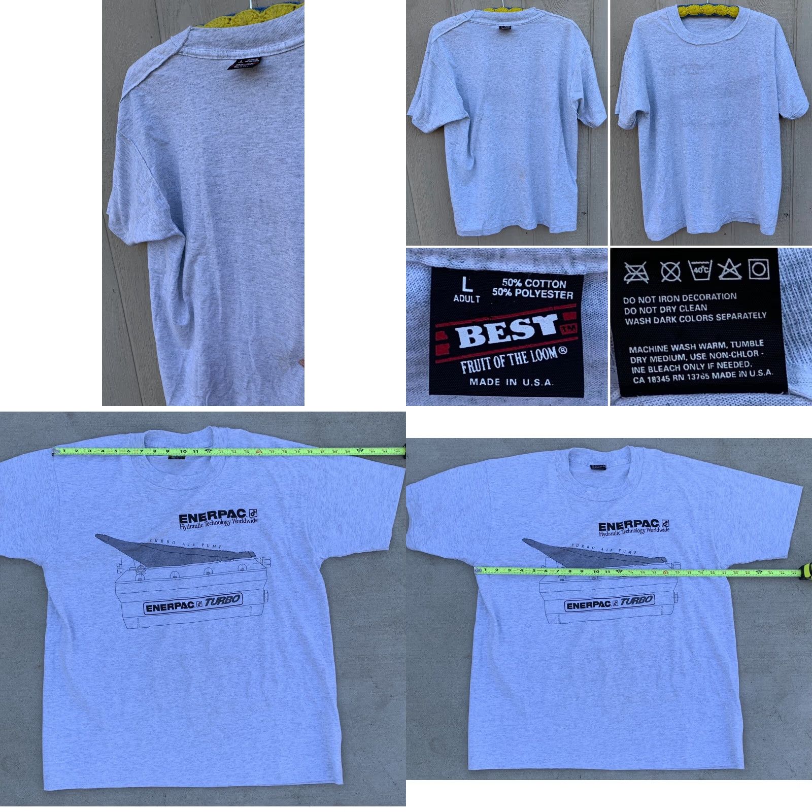 Fruit Of The Loom VINTAGE Enerpac Hydraulic Technology Worldwide Turbo Air Pump T Shirt L Unisex Gray 1990s Toy Graphic Tee Mens Womens Size US L / EU 52-54 / 3 - 8 Thumbnail