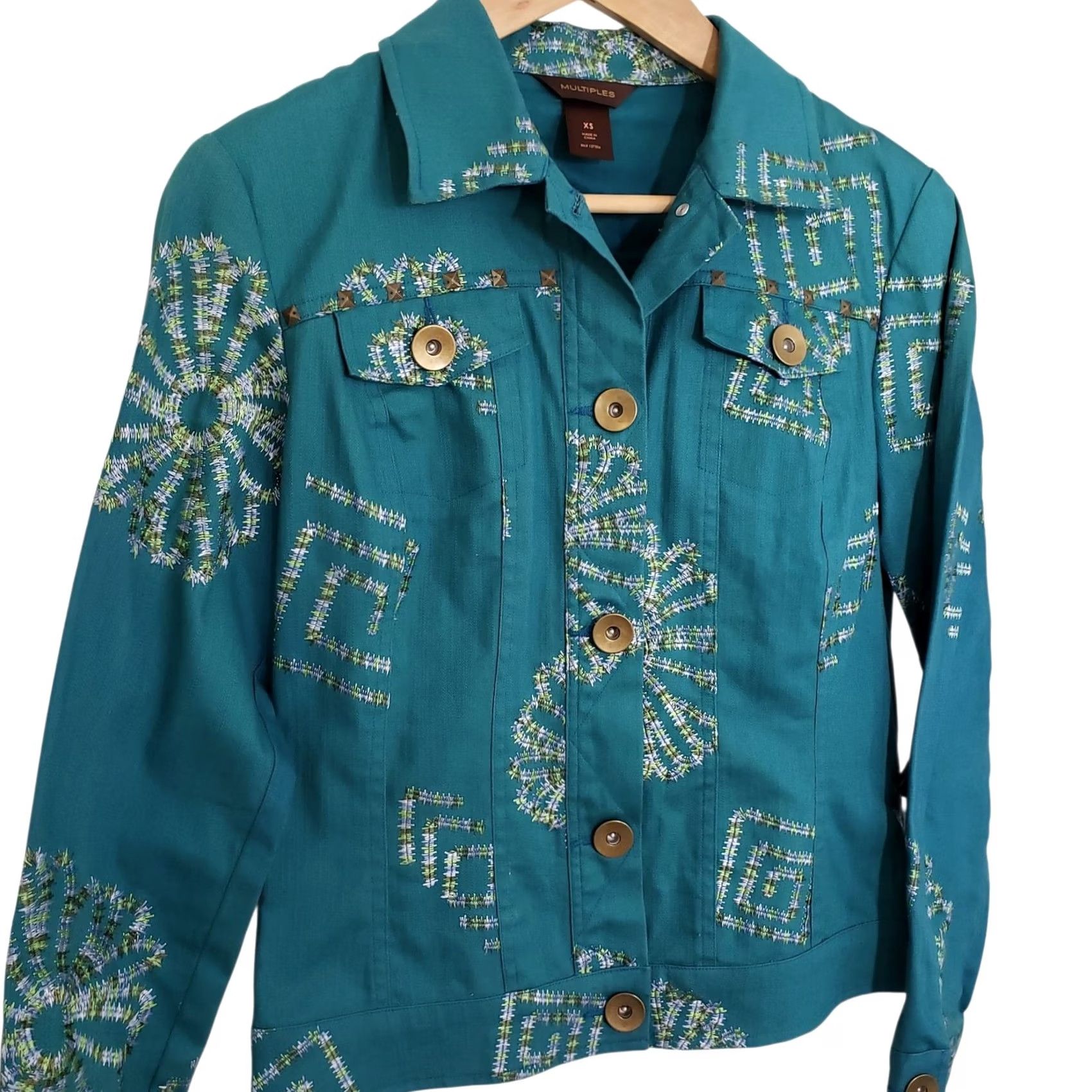 Vintage Multiples Embroidered Denim Jacket XS Turquoise Blue Size XS / US 0-2 / IT 36-38 - 7 Thumbnail