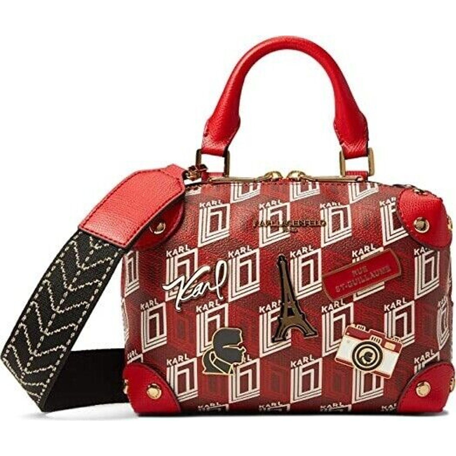 KARL LAGERGELD VALETTE MONOGRAM RED CROSSBODY BAG W/PINS