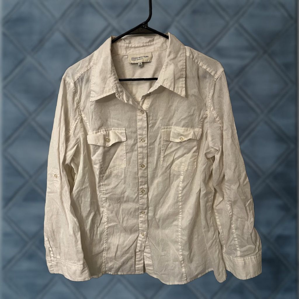 Jones New York VINTAGE Jones New York Signature White Striped Button-Down Top Womens Plus Size 2X Casual Cotton Size XXL / US 16-18 / IT 52-54 - 1 Thumbnail
