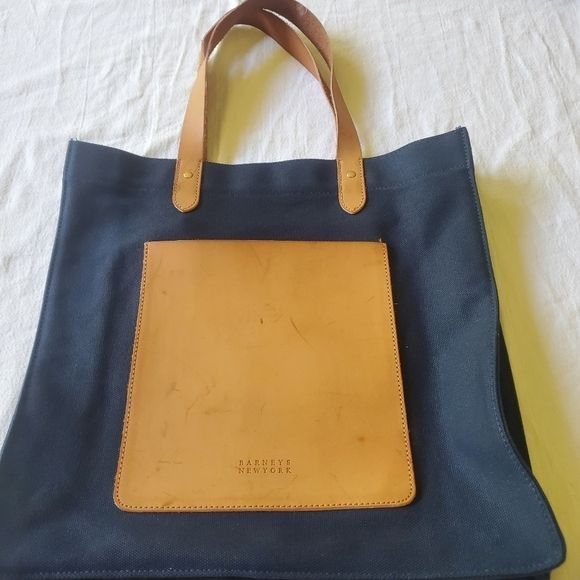 Barneys New York Barneys New York + Canvas Blue & Leather Handled Tote with P Size ONE SIZE - 7 Thumbnail