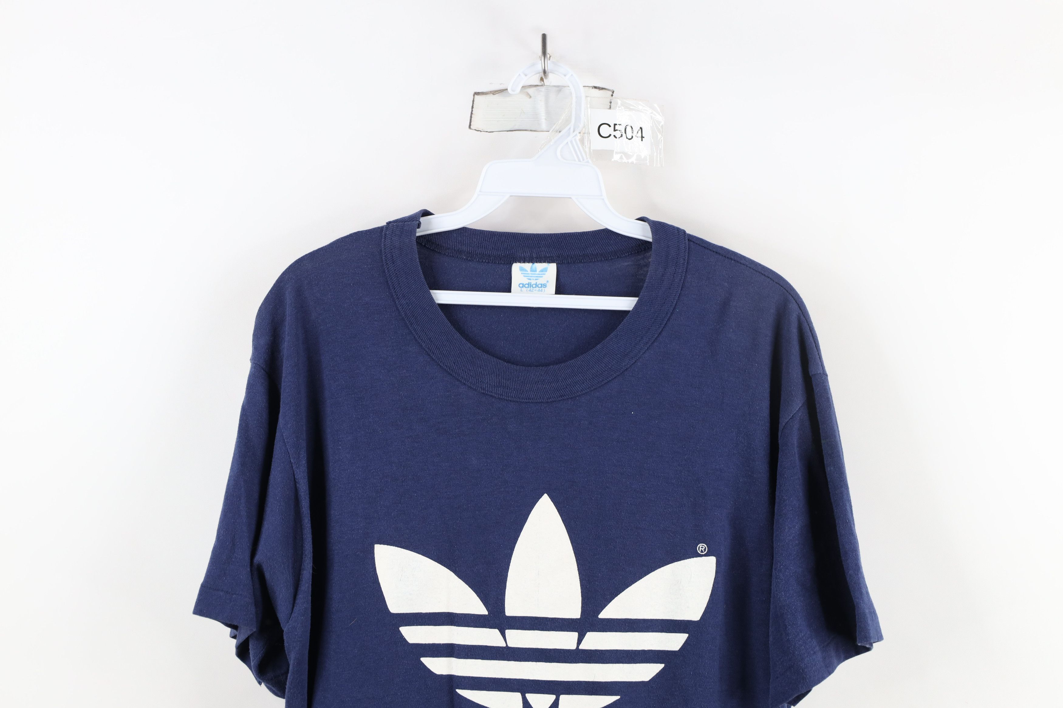 Adidas × Vintage Vintage 70s Adidas Spell Big Logo Trefoil T-Shirt Blue USA Size US L / EU 52-54 / 3 - 2 Thumbnail
