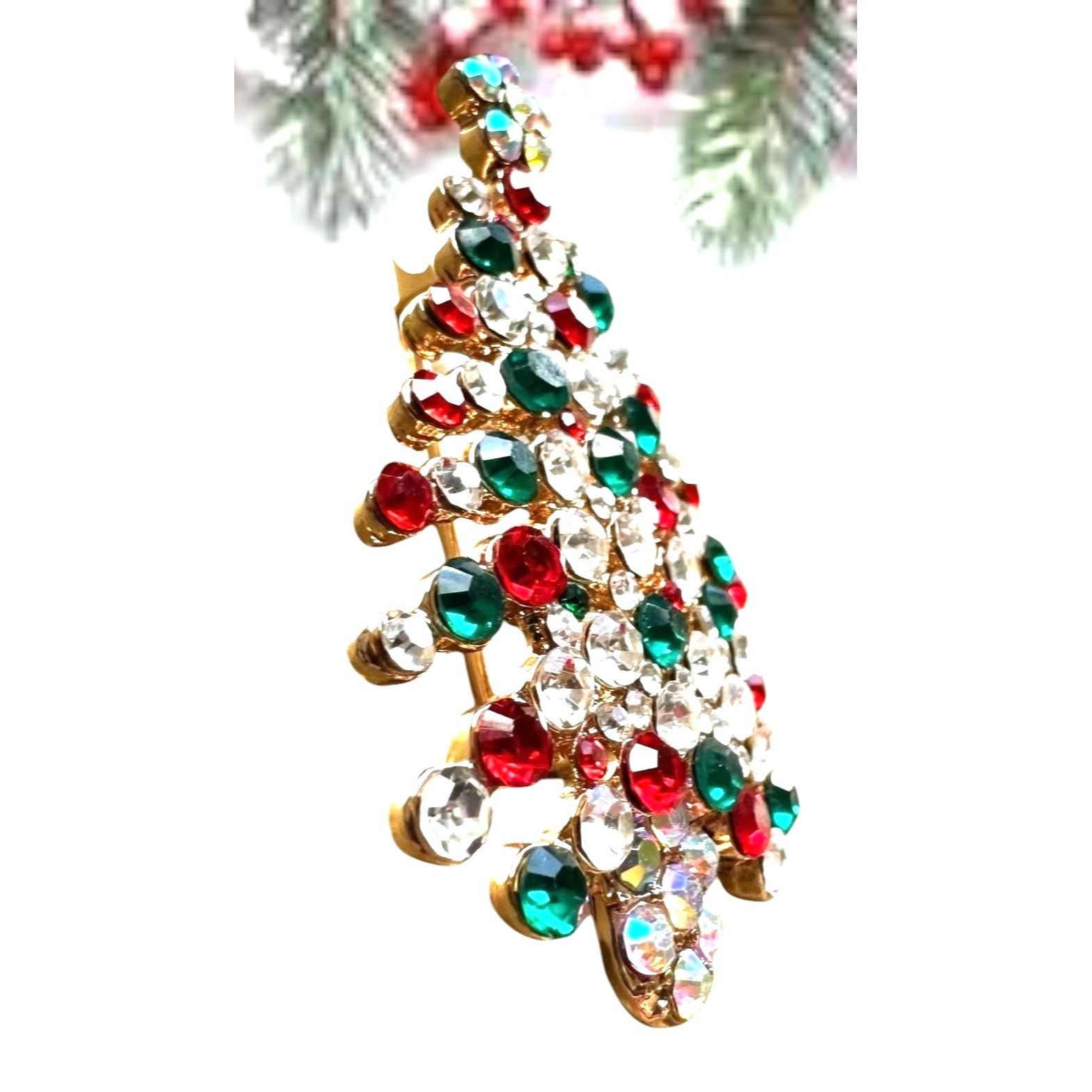 Handmade Rhinestone Christmas Tree Brooch Pin New Aurora Borealis Re Size ONE SIZE - 3 Thumbnail