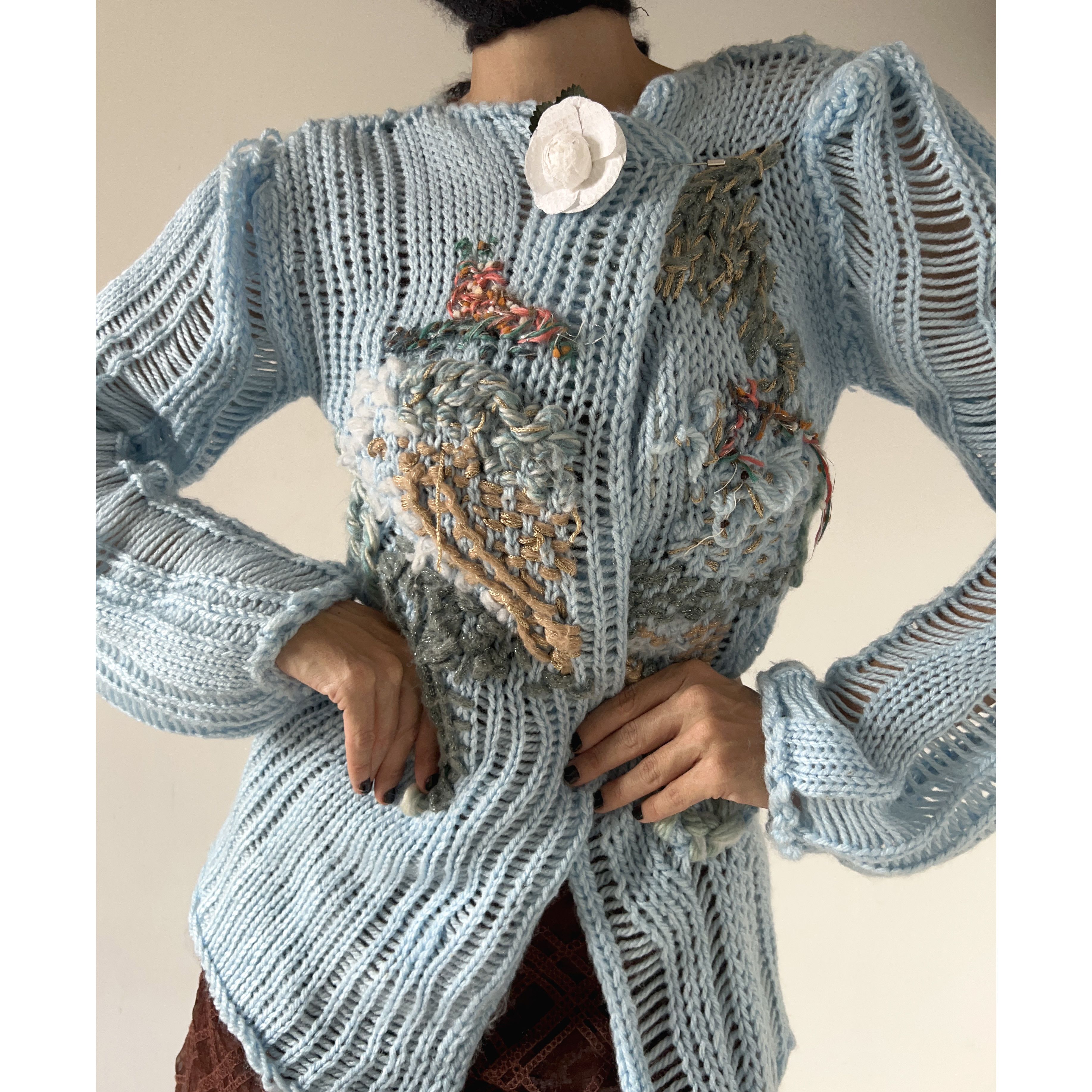 Handmade Hand Knit pastel blue tapestry cardigan Size M / US 6-8 / IT 42-44 - 3 Thumbnail